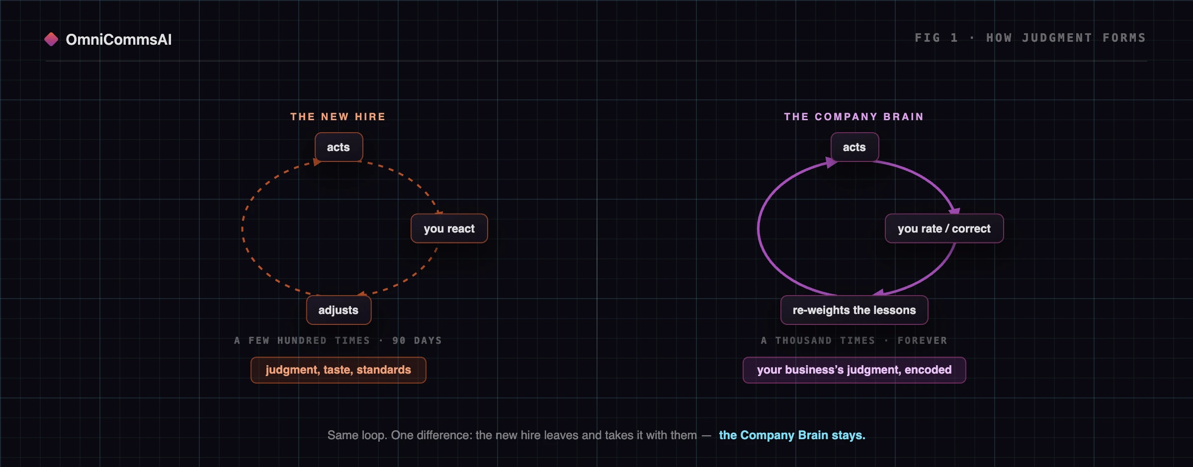 Two side-by-side reinforcement loops. Left, labelled The New Hire: a dashed orange loop cycling through acts, you react, and adjusts, running a few hundred times over ninety days and producing judgment, taste and standards. Right, labelled The Company Brain: a solid purple loop cycling through acts, you rate or correct, and re-weights the lessons, running a thousand times forever and producing your business's judgment, encoded.